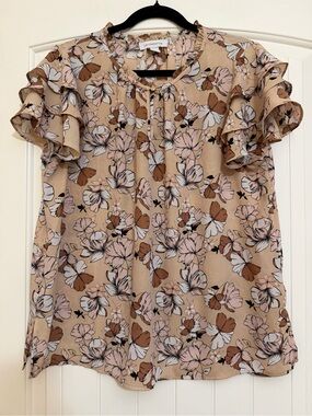 Liz Claiborne Beige Floral Ruffle-Sleeve Blouse Sz Large
